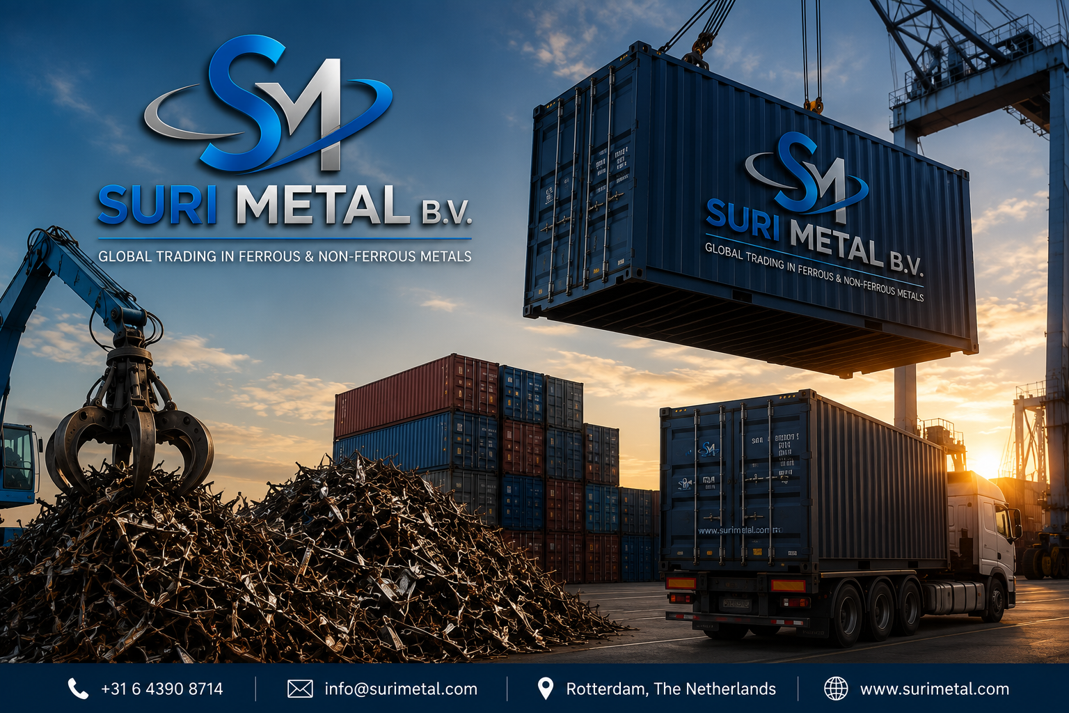 Collage met Suri Metal logo, vrachtcontainers, bedrijfswagen en stapels metaal, plus visitekaartje en buizen.